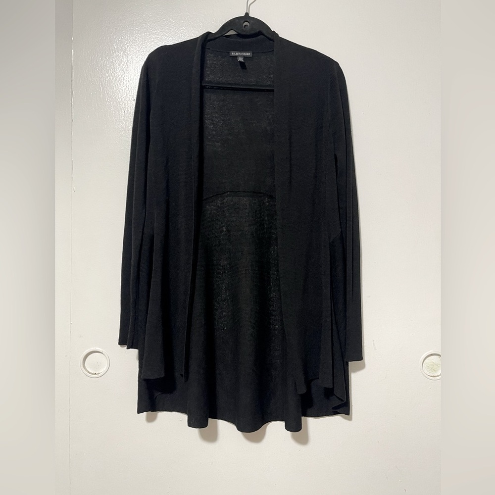 Eileen Fisher black organic linen/ nylon open tunic cardigan
Size XS